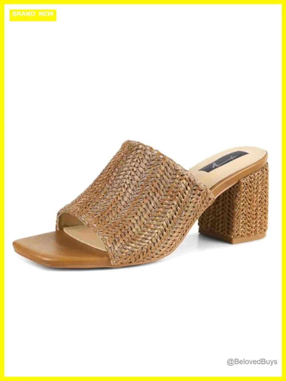 Women's Raffia Heeled Mules Chunky Block Heel Square Toe Summer Sandals Slip On